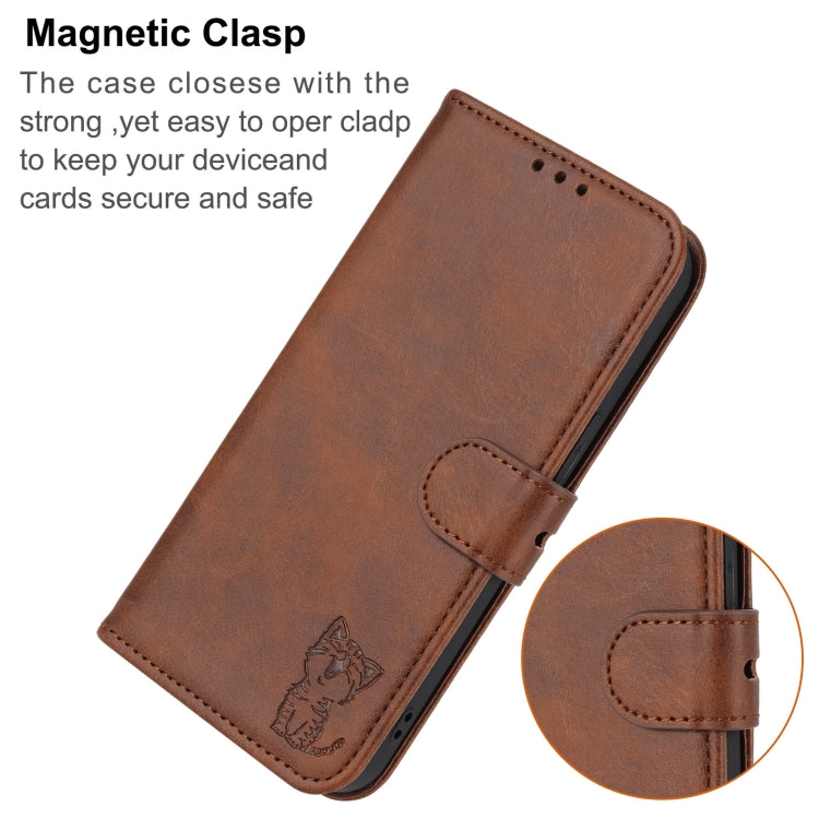 For Google Pixel 9 Embossed Happy Cat Pattern Flip Leather Phone Case(Brown)