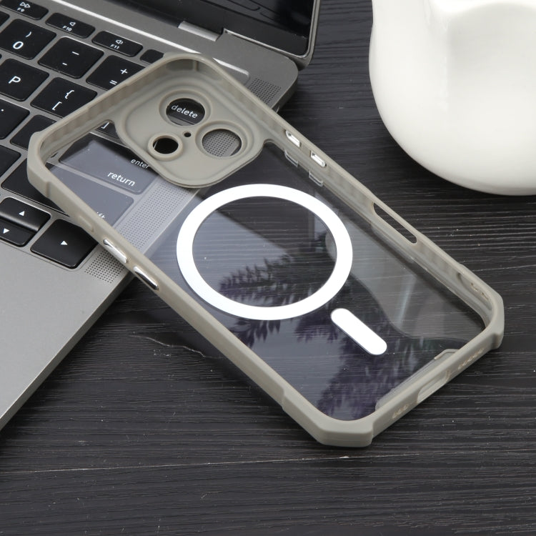For iPhone 16 Plus Colorful Two-Color Lens Film MagSafe Magnetic Horn Acrylic+TPU Case(Grey)