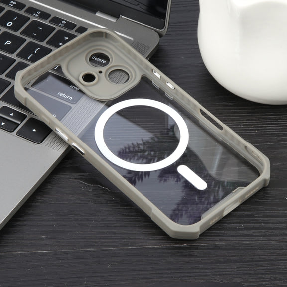 For iPhone 16 Plus Colorful Two-Color Lens Film MagSafe Magnetic Horn Acrylic+TPU Case(Grey)