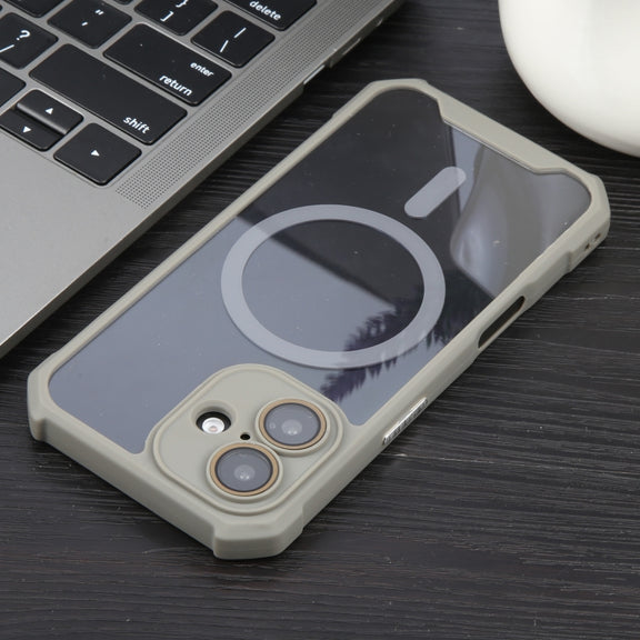For iPhone 16 Plus Colorful Two-Color Lens Film MagSafe Magnetic Horn Acrylic+TPU Case(Grey)