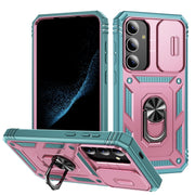 For Samsung Galaxy S24+ 5G Sliding Camshield TPU + PC Phone Case with Holder(Pink+Green)