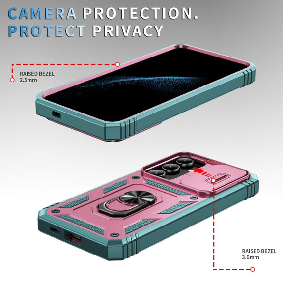 For Samsung Galaxy S24+ 5G Sliding Camshield TPU + PC Phone Case with Holder(Pink+Green)