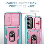 For Samsung Galaxy S24+ 5G Sliding Camshield TPU + PC Phone Case with Holder(Pink+Green)