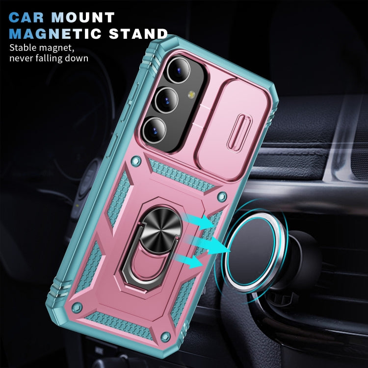 For Samsung Galaxy S24+ 5G Sliding Camshield TPU + PC Phone Case with Holder(Pink+Green)