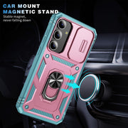 For Samsung Galaxy S24+ 5G Sliding Camshield TPU + PC Phone Case with Holder(Pink+Green)