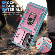 For Samsung Galaxy S24+ 5G Sliding Camshield TPU + PC Phone Case with Holder(Pink+Green)