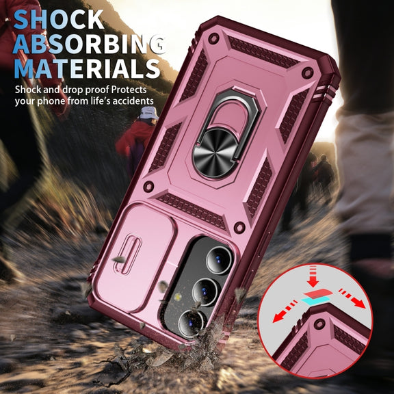For Samsung Galaxy S24+ 5G Sliding Camshield TPU + PC Phone Case with Holder(Pink+Rose Red)
