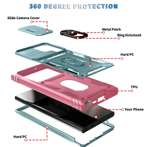 For Samsung Galaxy S24 Ultra 5G Sliding Camshield TPU + PC Phone Case with Holder(Green+Pink)
