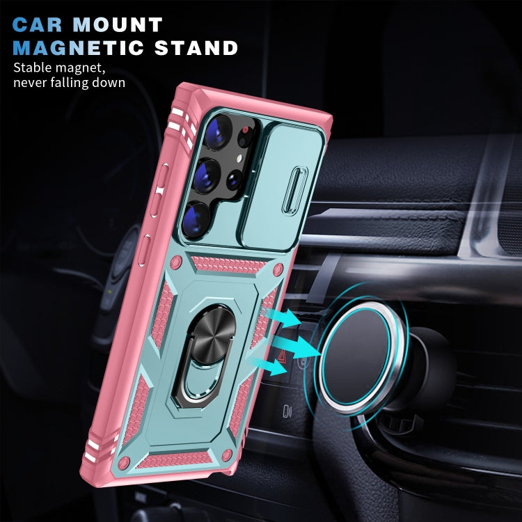 For Samsung Galaxy S24 Ultra 5G Sliding Camshield TPU + PC Phone Case with Holder(Green+Pink)