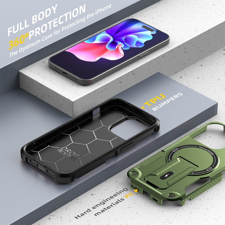 For iPhone 15 Pro MagSafe Holder Armor PC Hybrid TPU Phone Case(Army Green)