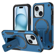 For iPhone 15 MagSafe Holder Armor PC Hybrid TPU Phone Case(Dark Blue)