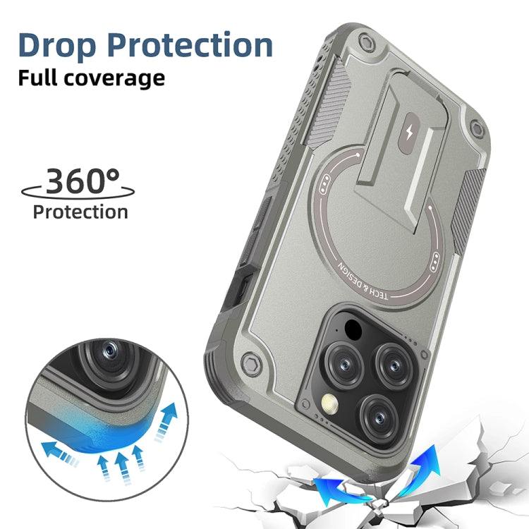 For iPhone 14 Pro Max Armor Magsafe Holder PC Hybrid TPU Phone Case(Grey)