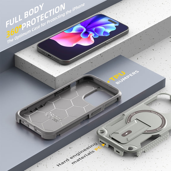 For iPhone 14 Pro Max Armor Magsafe Holder PC Hybrid TPU Phone Case(Grey)