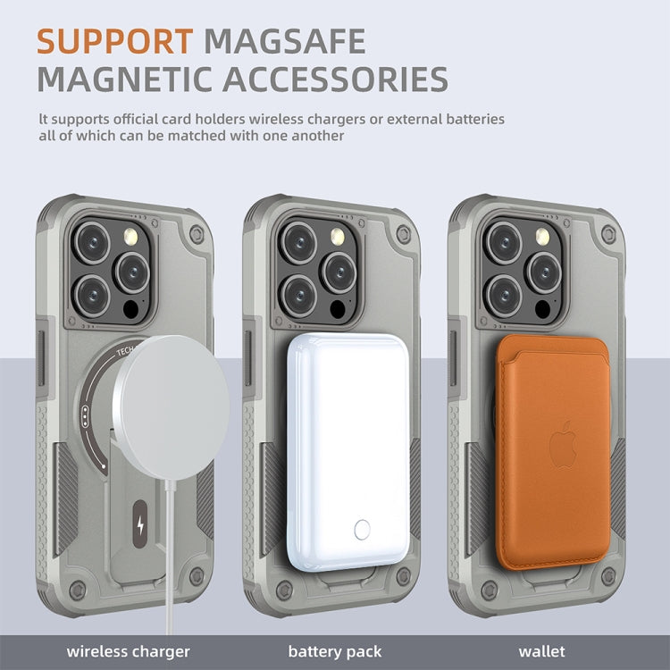 For iPhone 14 Pro Max Armor Magsafe Holder PC Hybrid TPU Phone Case(Grey)