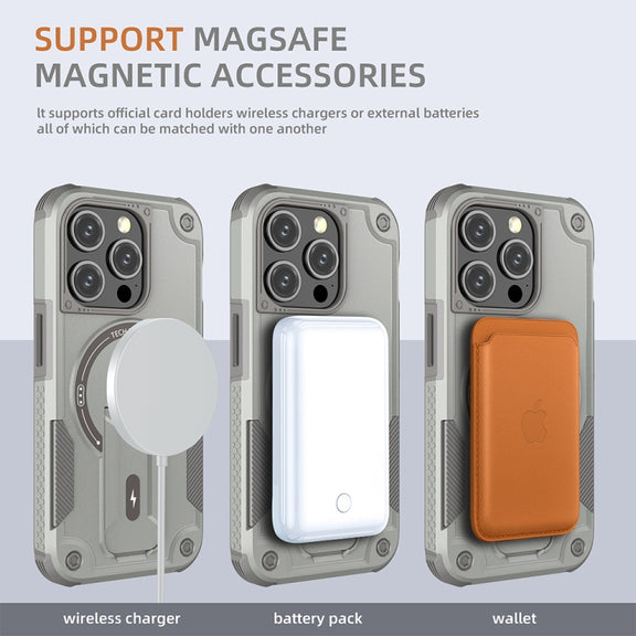 For iPhone 14 Pro Max Armor Magsafe Holder PC Hybrid TPU Phone Case(Grey)