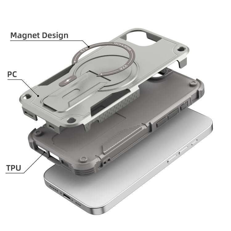 For iPhone 16e Armor Magsafe Holder PC Hybrid TPU Phone Case(Grey)