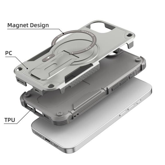 For iPhone 16e Armor Magsafe Holder PC Hybrid TPU Phone Case(Grey)