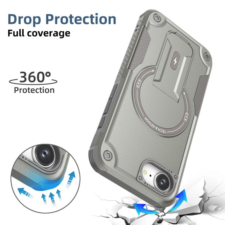 For iPhone 16e Armor Magsafe Holder PC Hybrid TPU Phone Case(Grey)