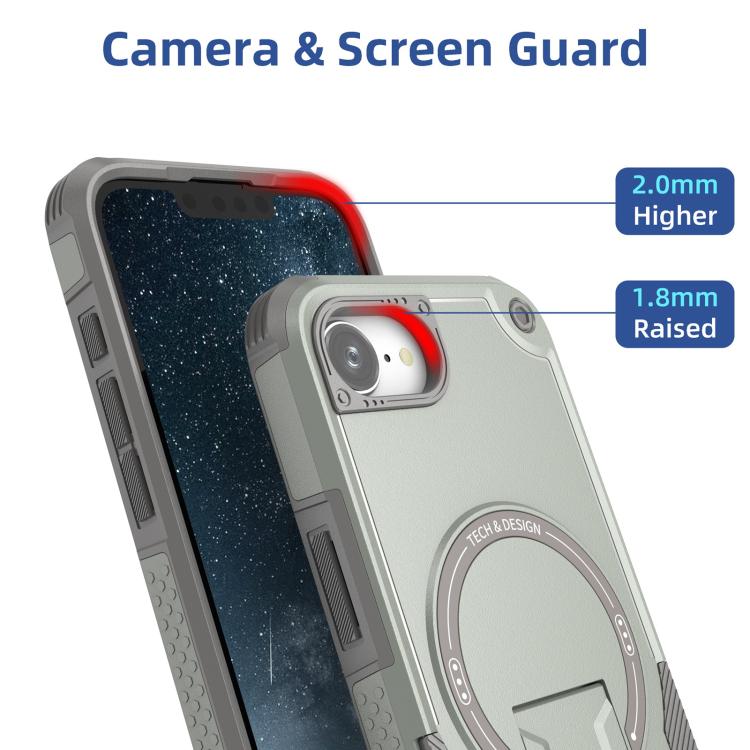 For iPhone 16e Armor Magsafe Holder PC Hybrid TPU Phone Case(Grey)