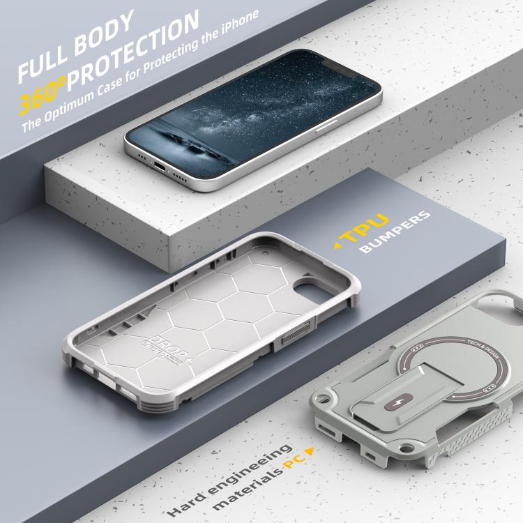 For iPhone 16e Armor Magsafe Holder PC Hybrid TPU Phone Case(Grey)