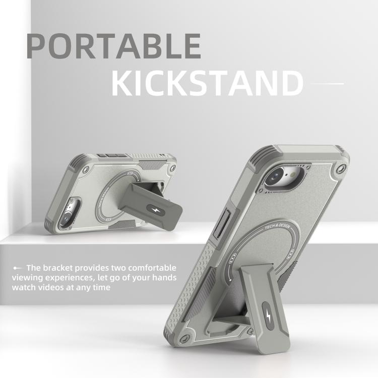 For iPhone 16e Armor Magsafe Holder PC Hybrid TPU Phone Case(Grey)
