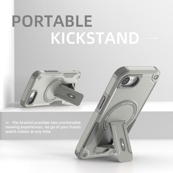 For iPhone 16e Armor Magsafe Holder PC Hybrid TPU Phone Case(Grey)