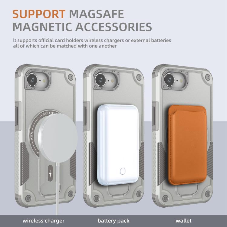 For iPhone 16e Armor Magsafe Holder PC Hybrid TPU Phone Case(Grey)