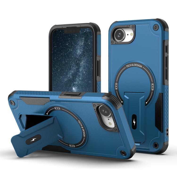 For iPhone 16e Armor Magsafe Holder PC Hybrid TPU Phone Case(Dark Blue)