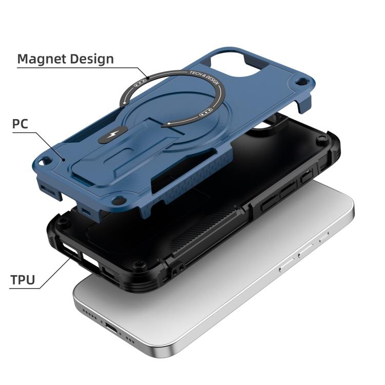 For iPhone 16e Armor Magsafe Holder PC Hybrid TPU Phone Case(Dark Blue)