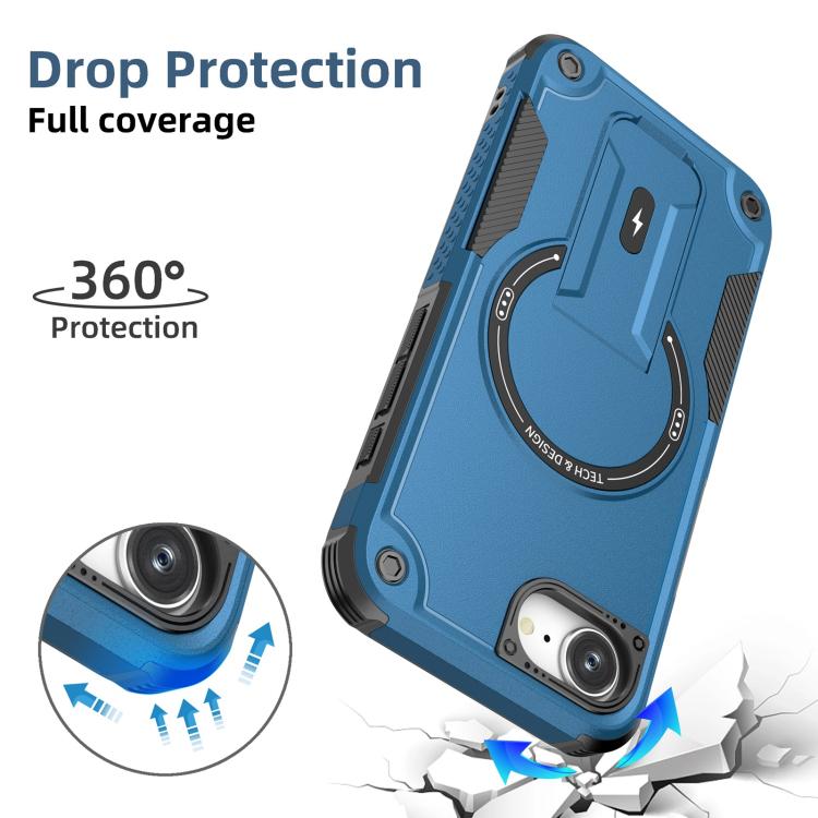 For iPhone 16e Armor Magsafe Holder PC Hybrid TPU Phone Case(Dark Blue)