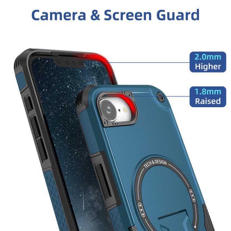 For iPhone 16e Armor Magsafe Holder PC Hybrid TPU Phone Case(Dark Blue)