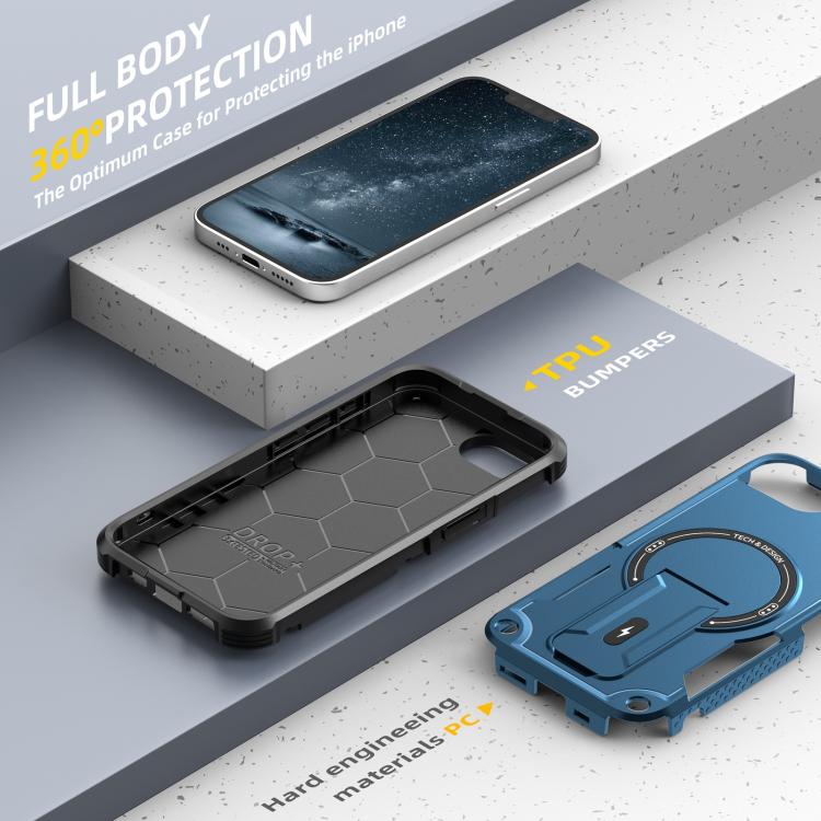 For iPhone 16e Armor Magsafe Holder PC Hybrid TPU Phone Case(Dark Blue)