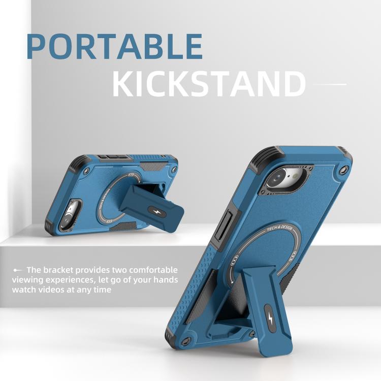 For iPhone 16e Armor Magsafe Holder PC Hybrid TPU Phone Case(Dark Blue)