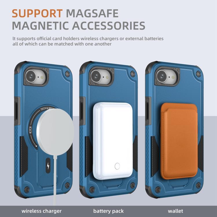 For iPhone 16e Armor Magsafe Holder PC Hybrid TPU Phone Case(Dark Blue)