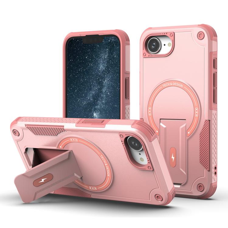 For iPhone 16e Armor Magsafe Holder PC Hybrid TPU Phone Case(Pink)