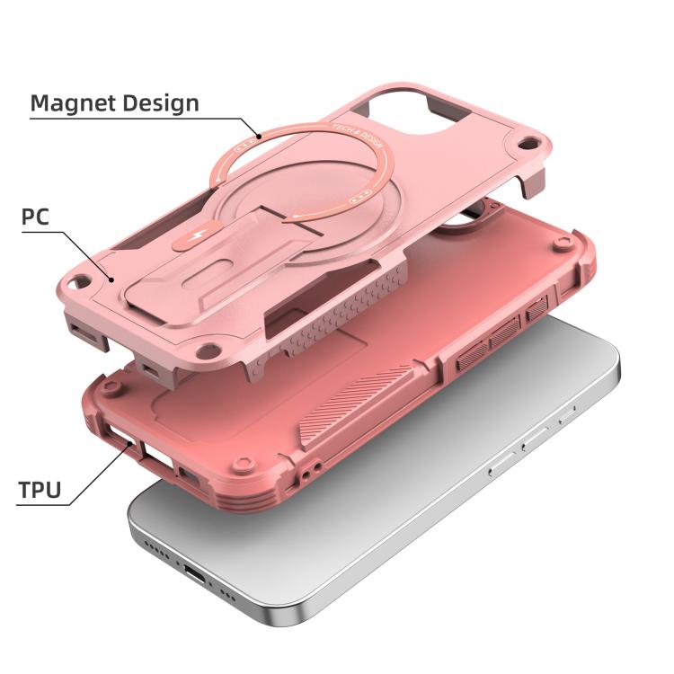 For iPhone 16e Armor Magsafe Holder PC Hybrid TPU Phone Case(Pink)