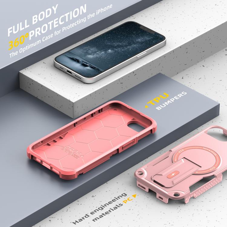 For iPhone 16e Armor Magsafe Holder PC Hybrid TPU Phone Case(Pink)