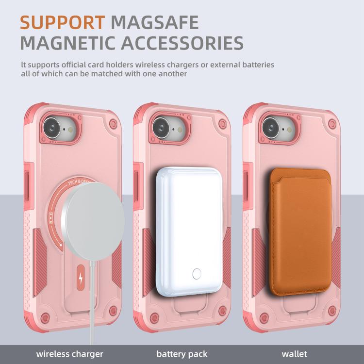For iPhone 16e Armor Magsafe Holder PC Hybrid TPU Phone Case(Pink)