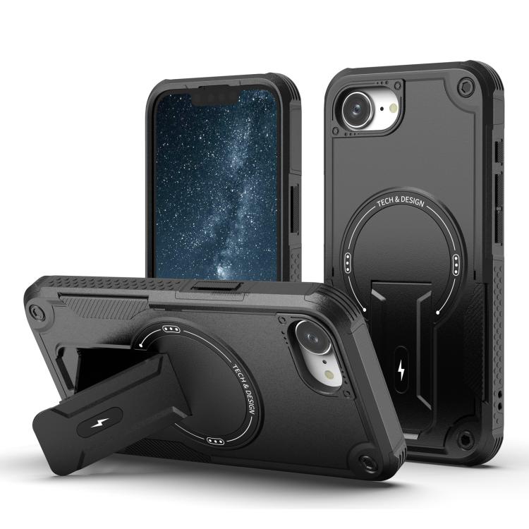 For iPhone 16e Armor Magsafe Holder PC Hybrid TPU Phone Case(Black)