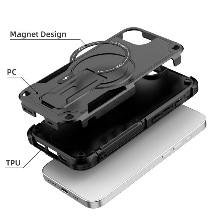 For iPhone 16e Armor Magsafe Holder PC Hybrid TPU Phone Case(Black)