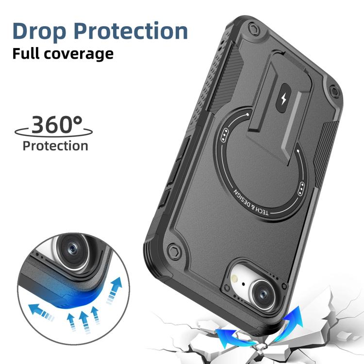 For iPhone 16e Armor Magsafe Holder PC Hybrid TPU Phone Case(Black)
