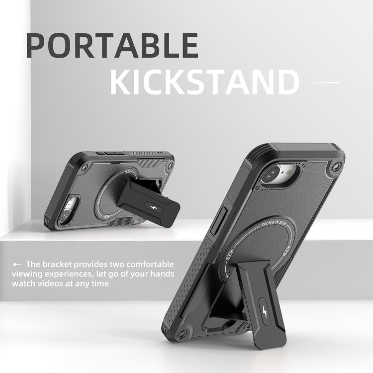 For iPhone 16e Armor Magsafe Holder PC Hybrid TPU Phone Case(Black)
