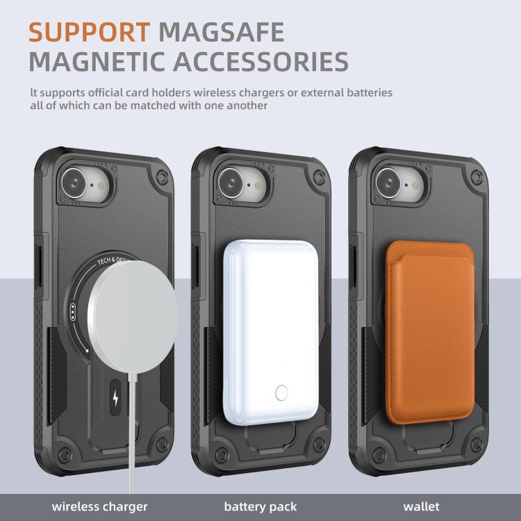 For iPhone 16e Armor Magsafe Holder PC Hybrid TPU Phone Case(Black)