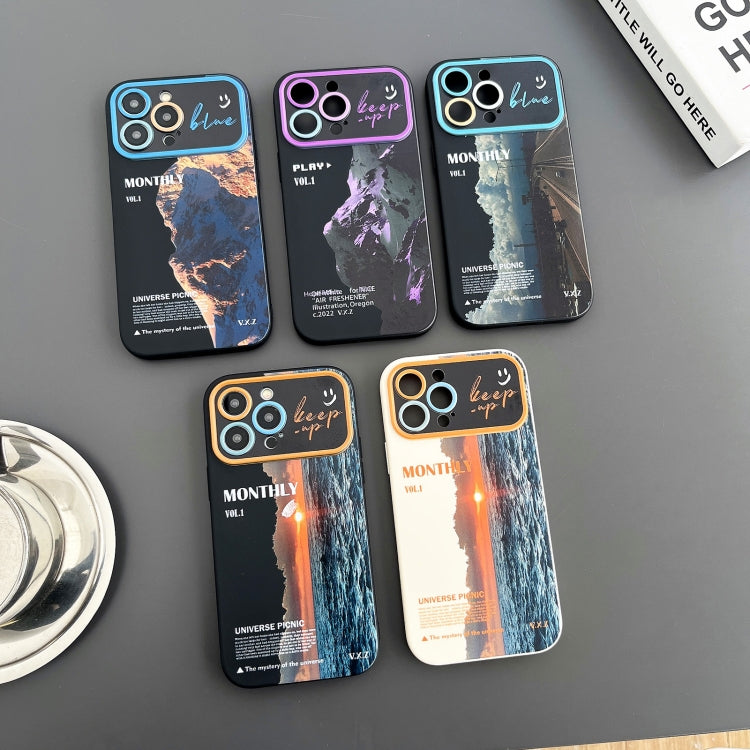 For iPhone 14 Pro Max Scenery Pattern Large Window TPU Phone Case(Black Sea Sunrise)