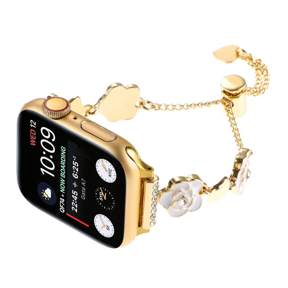 For Apple Watch 42mm Camellia Metal Chain Bracelet Watch Band(White Gold)