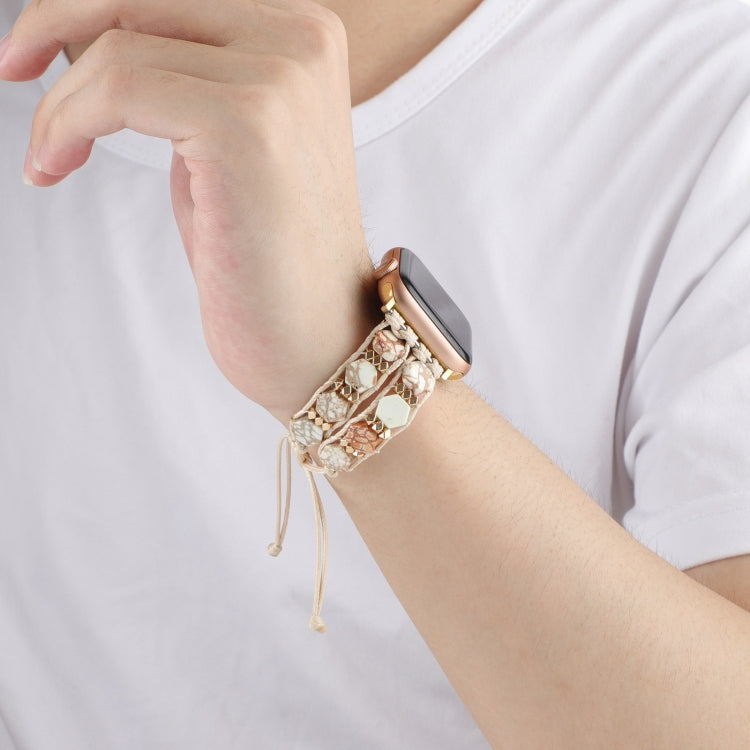 For Apple Watch SE 44mm Hexagonal Stones Drawstring Chain Watch Band(Beige)