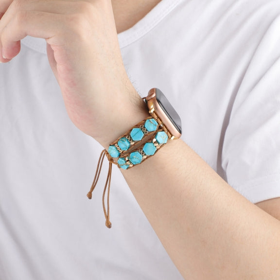 For Apple Watch 38mm Hexagonal Stones Drawstring Chain Watch Band(Blue)