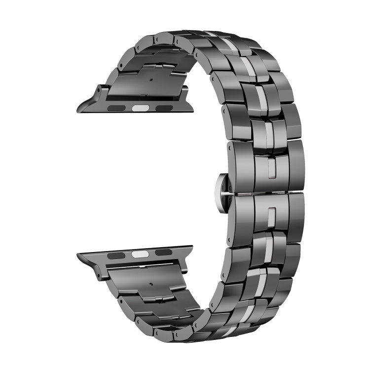 For Apple Watch 42mm Butterfly Buckle 5-Beads Metal Watch Band(Black Silver)