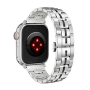 For Apple Watch 42mm Butterfly Buckle 5-Beads Metal Watch Band(Silver Black)