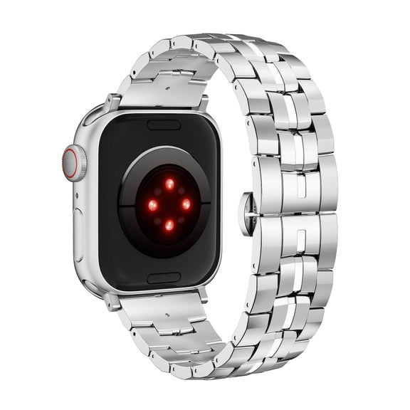 For Apple Watch 42mm Butterfly Buckle 5-Beads Metal Watch Band(Silver White)
